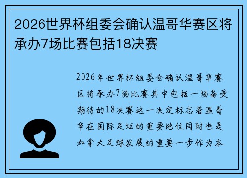 2026世界杯组委会确认温哥华赛区将承办7场比赛包括18决赛